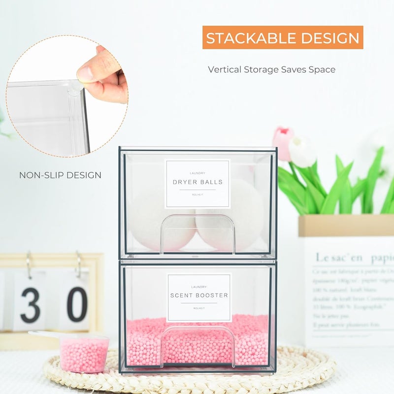 Rolheit 2 Pack Laundry Room Organization Storage Drawers with Labels, Clear Stackable Dryer Sheet Holder and Pod Containers, Detergent Dispenser for Laundry Room Organizing and Decor - Image 4
